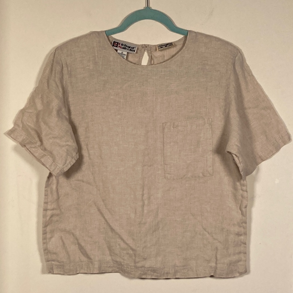VTG 90s Washed Irish Linen Beige Gauzy Boxy Blouse Sz 12 Lagenlook Breathable